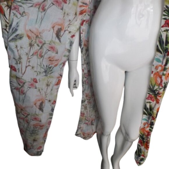 LAZY POET Linen Kimono/Swim Cover up, LONG slit, Flamingo/Multicolor Print - Picture 6 of 13